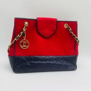 Chanel Vintage 1989 Red Canvas and
Navy Leather Tote Bag